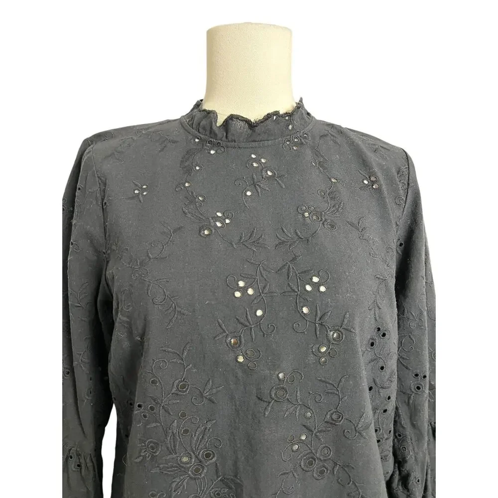Ulla Johnson Blouse Womens 6 Black Embroidered Eyelet Bell Sleeve Mock Neck Top